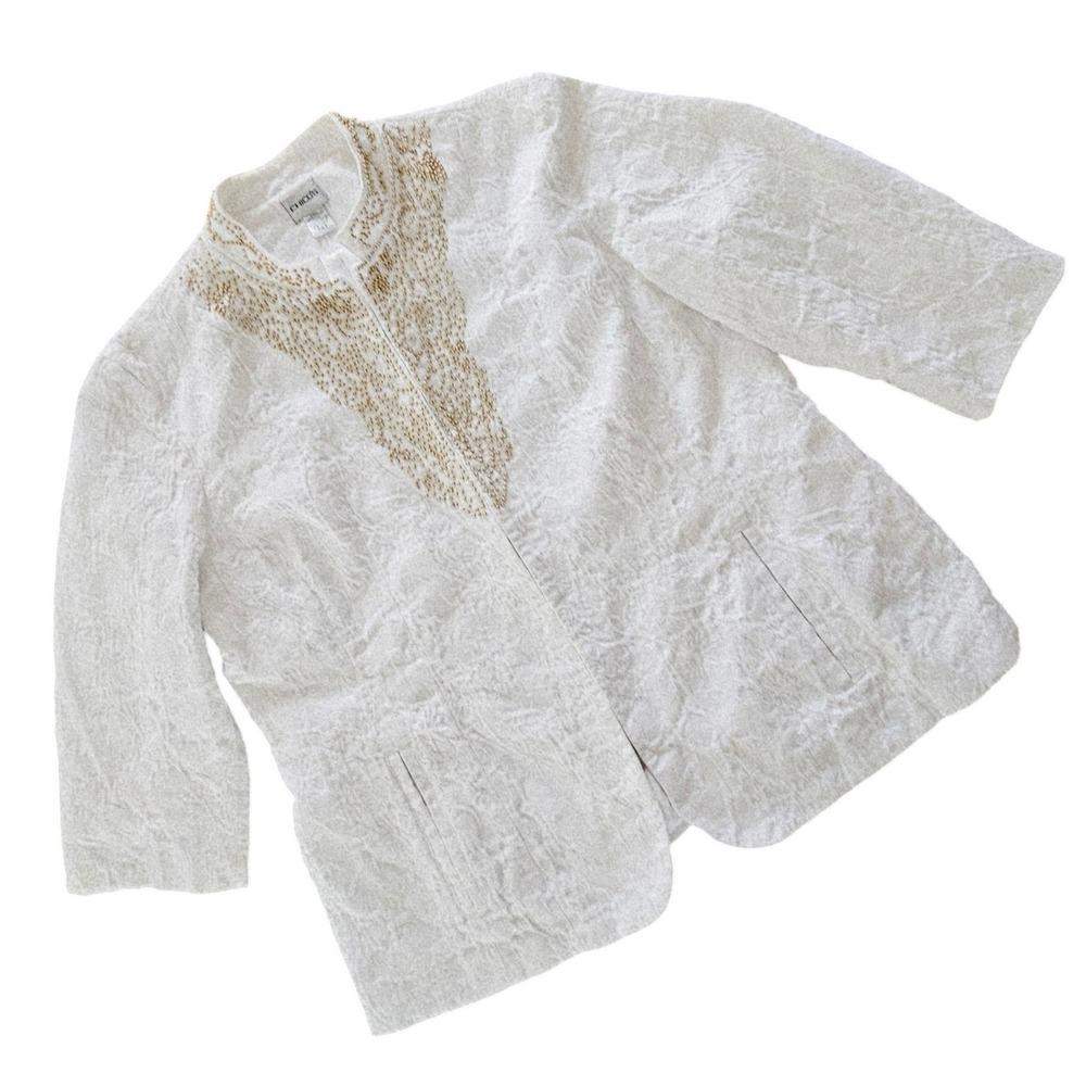 Chicos Women‎ White Textured Cotton Jacket Size 3 L Gold Beaded Mandarin Collar